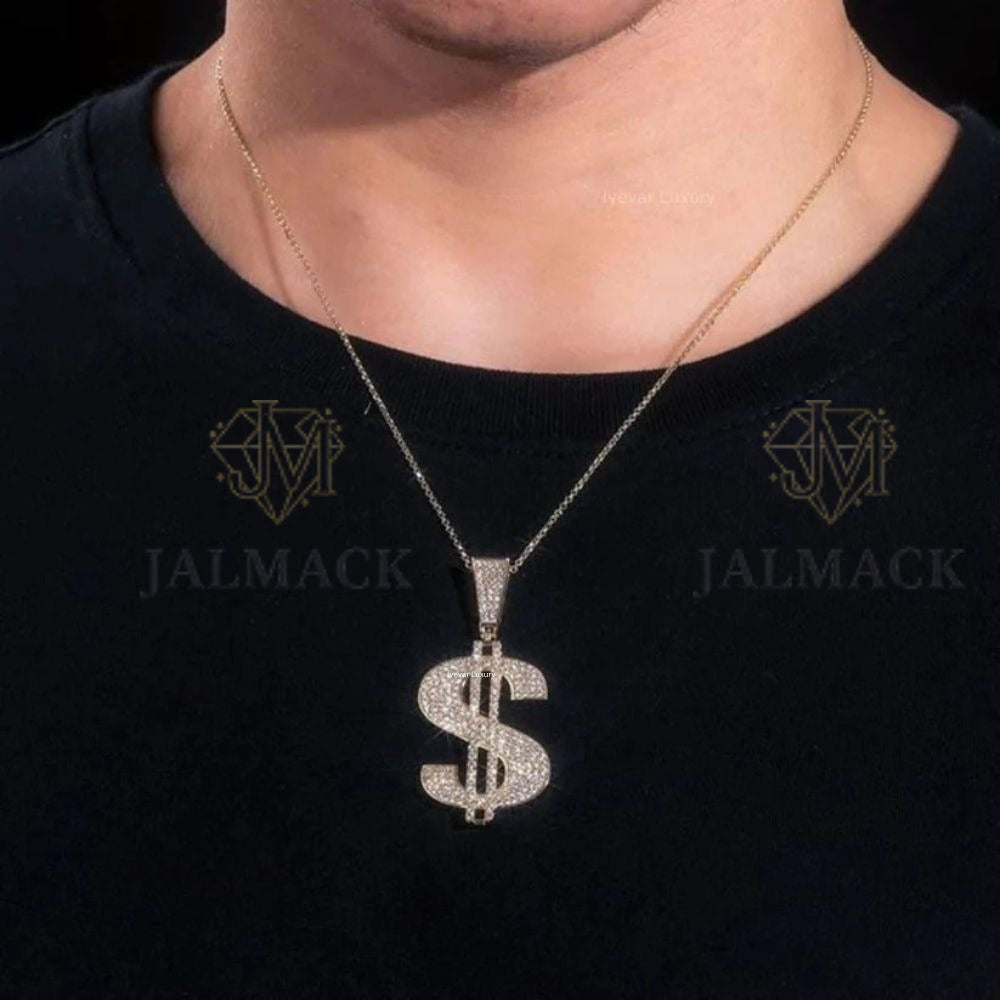 Gold Dollar Sign Moissanite Pendant VVS1 D Color Fully Iced Out