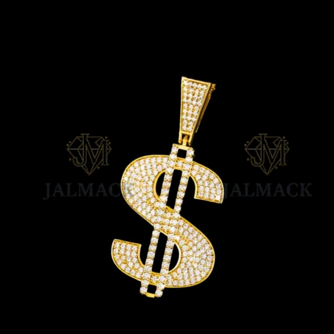 Gold Dollar Sign Moissanite Pendant VVS1 D Color Fully Iced Out