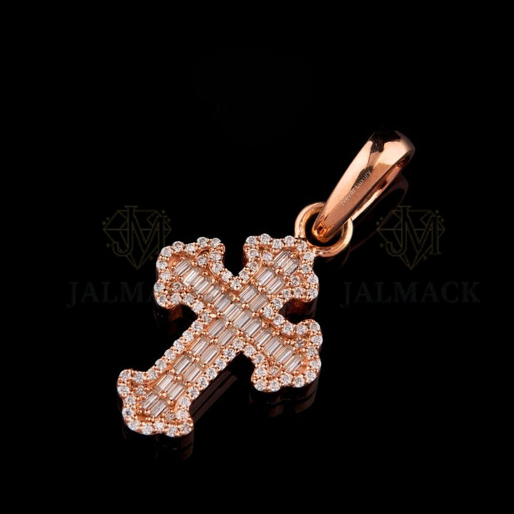 Rose Gold Baguette Moissanite Cross Pendant VVS1 D Color Iced Out