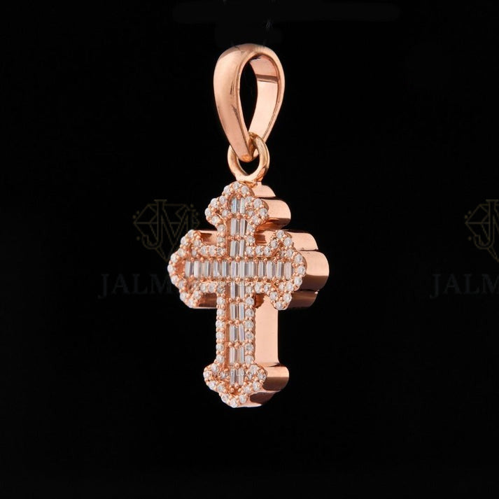 Rose Gold Baguette Moissanite Cross Pendant VVS1 D Color Iced Out