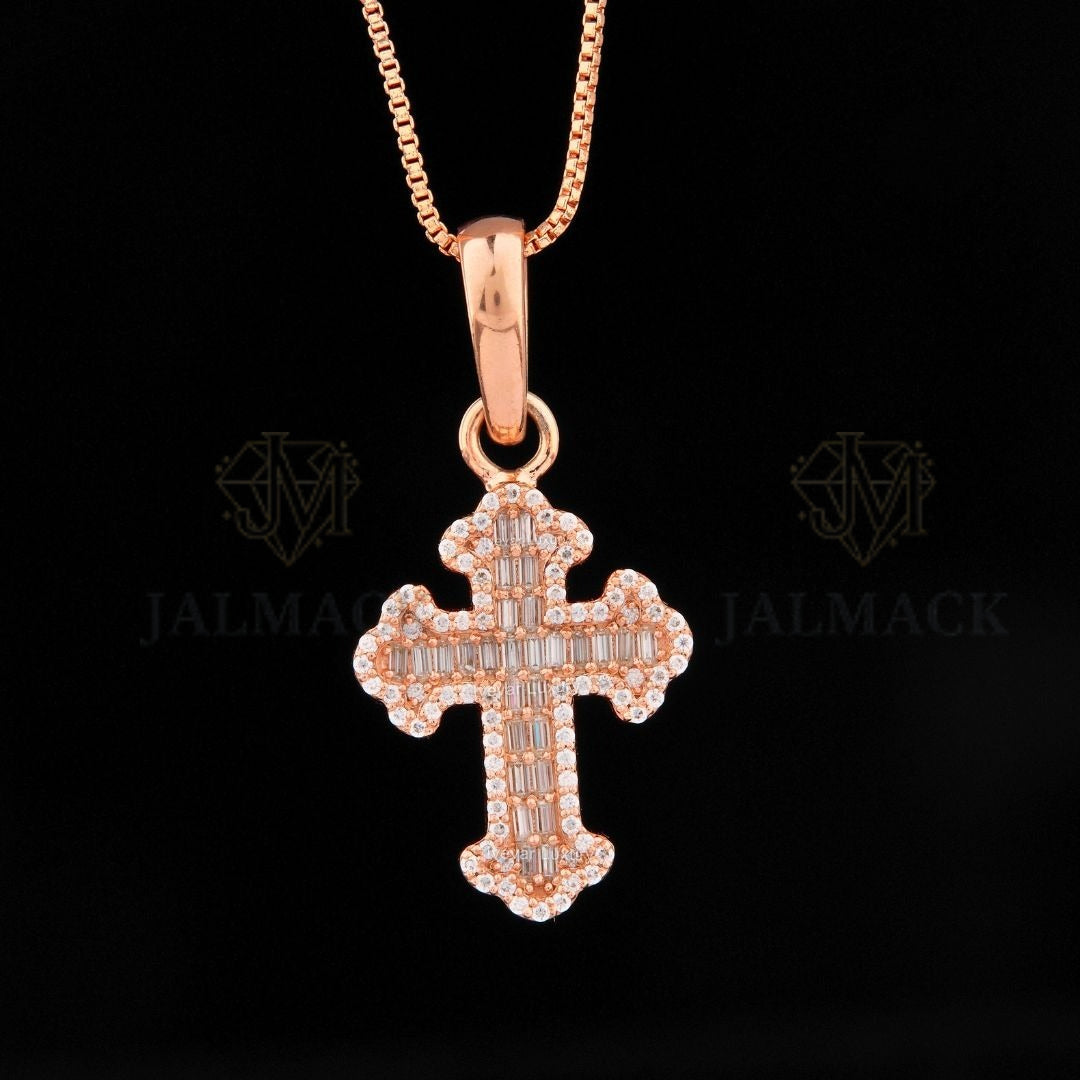 Rose Gold Baguette Moissanite Cross Pendant VVS1 D Color Iced Out