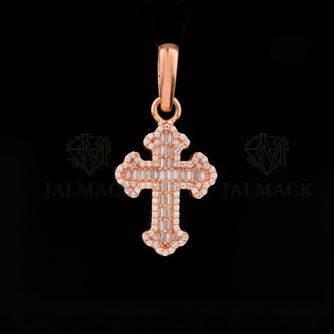 Rose Gold Baguette Moissanite Cross Pendant VVS1 D Color Iced Out
