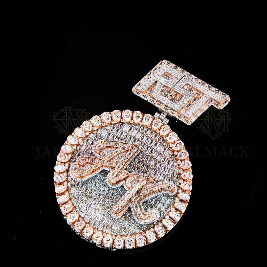 Custom Two-Tone Baguette Moissanite Initial Medallion VVS1 D Color Fully Iced Out