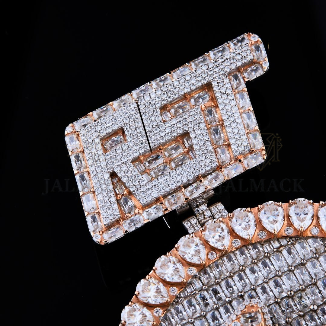 Custom Two-Tone Baguette Moissanite Initial Medallion VVS1 D Color Fully Iced Out