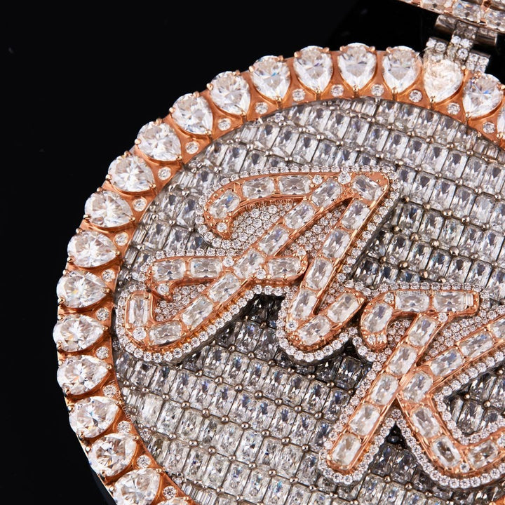 Custom Two-Tone Baguette Moissanite Initial Medallion VVS1 D Color Fully Iced Out