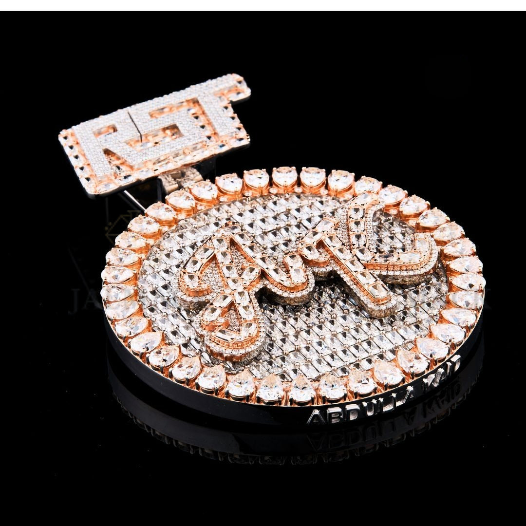 Custom Two-Tone Baguette Moissanite Initial Medallion VVS1 D Color Fully Iced Out