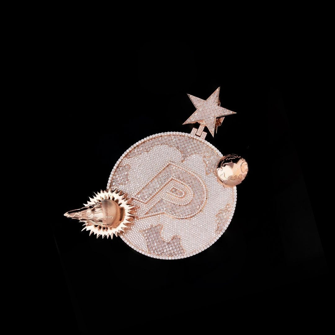 Gold P Initial World Map Moissanite Medallion Fully Iced Out