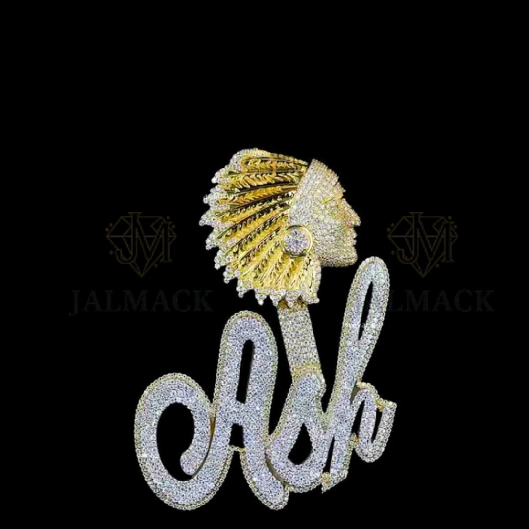 Ash Feathered Headdress Moissanite Name Pendant VVS1 D Color Fully Iced Out