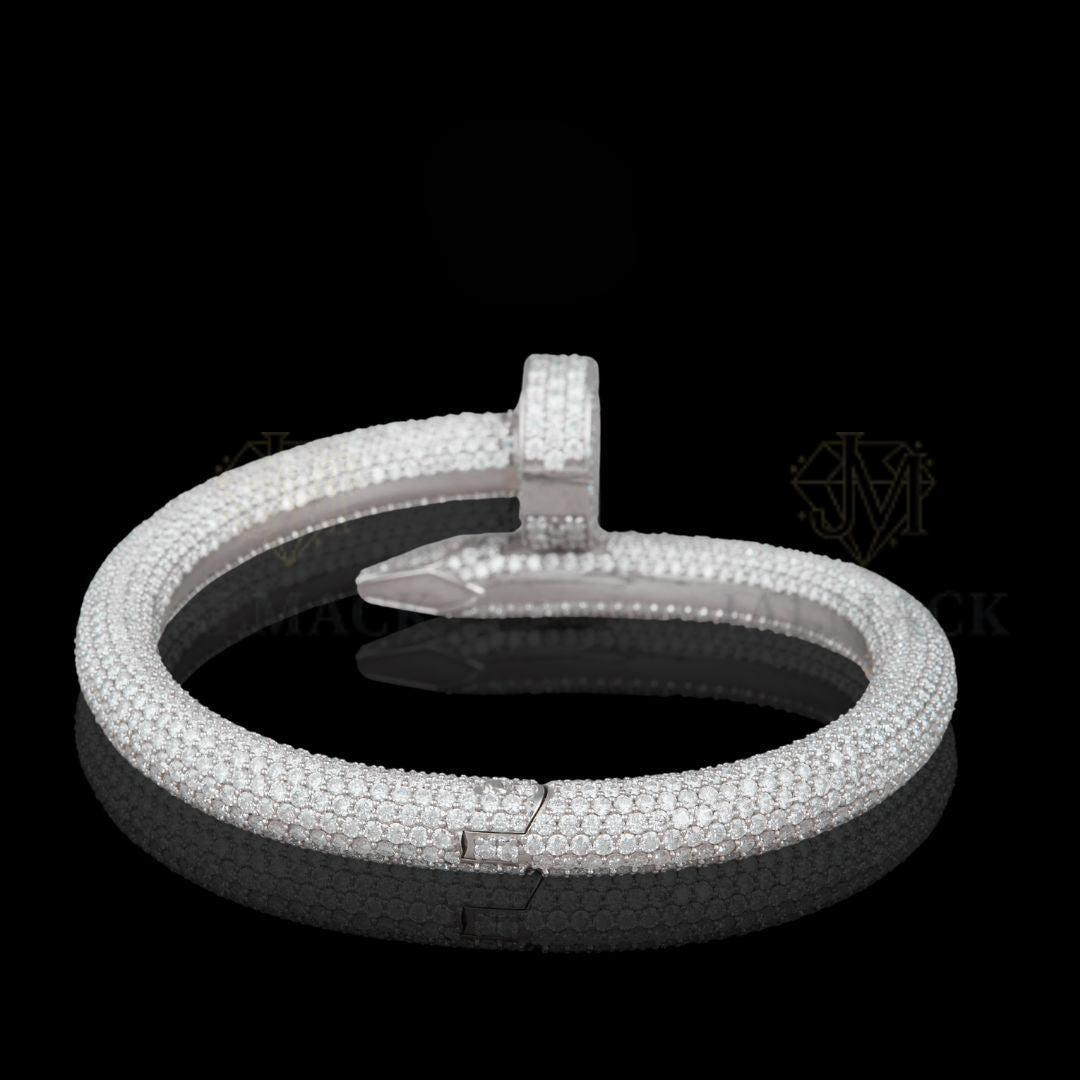 Silver Wide Cuff Moissanite Bangle with Round and Emerald-Cut Stones