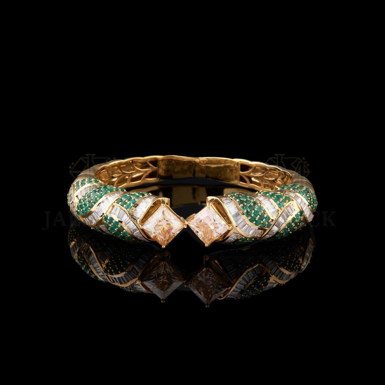 Yellow Gold Green Stone Baguette Moissanite Open Bangle Fully Iced Out
