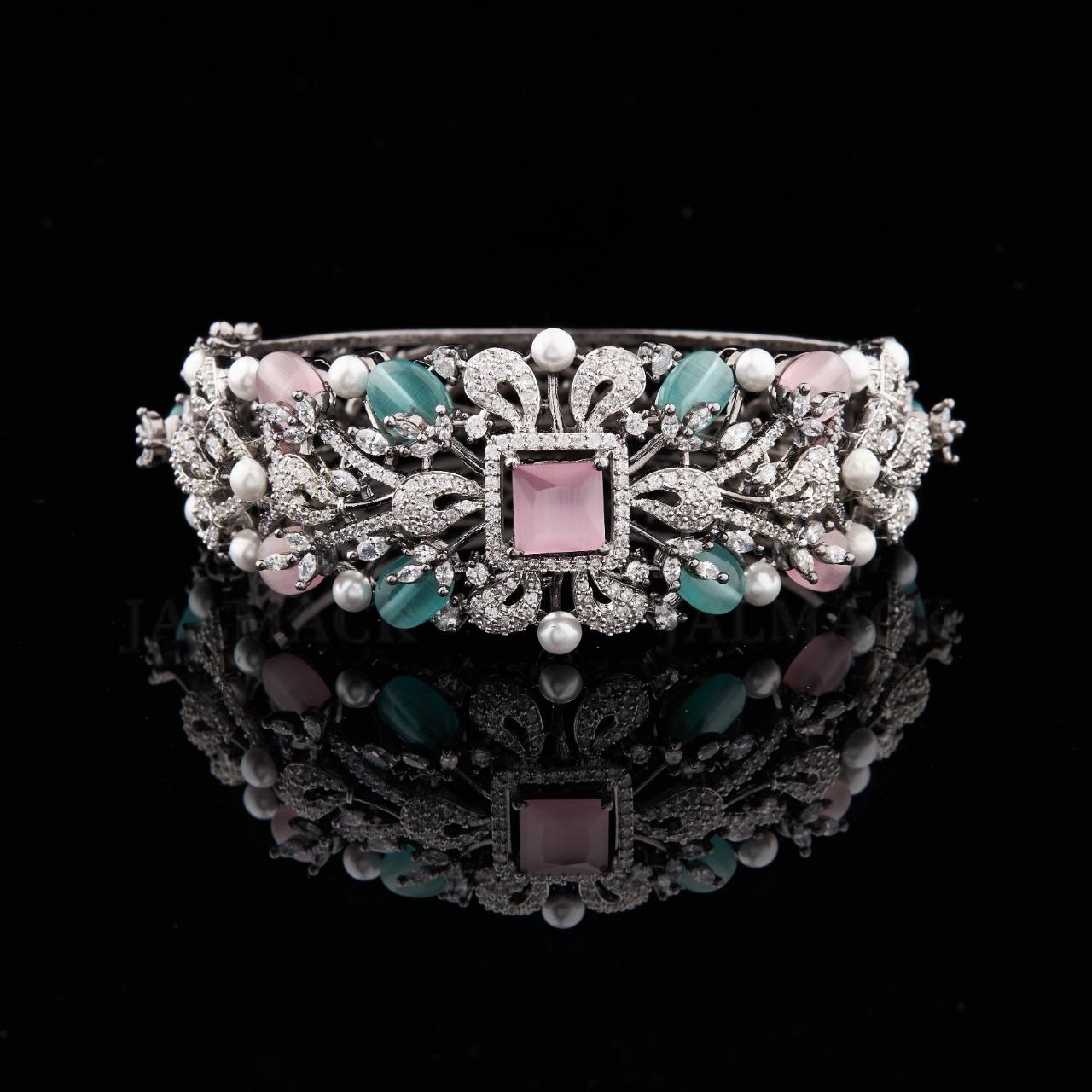 Silver Floral Moissanite Cuff Bracelet with Pink Aqua Stones and Pearls