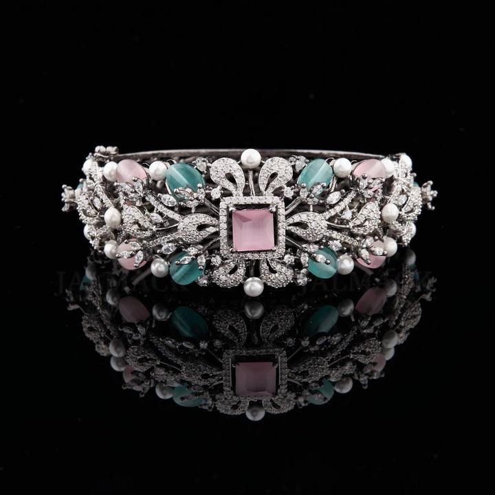 Silver Floral Moissanite Cuff Bracelet with Pink Aqua Stones and Pearls