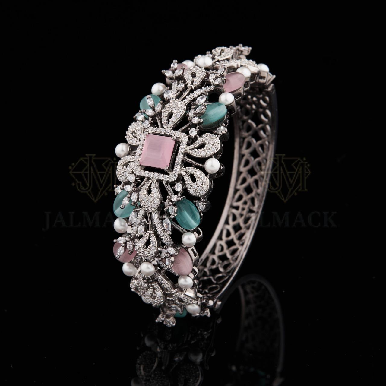 Silver Floral Moissanite Cuff Bracelet with Pink Aqua Stones and Pearls