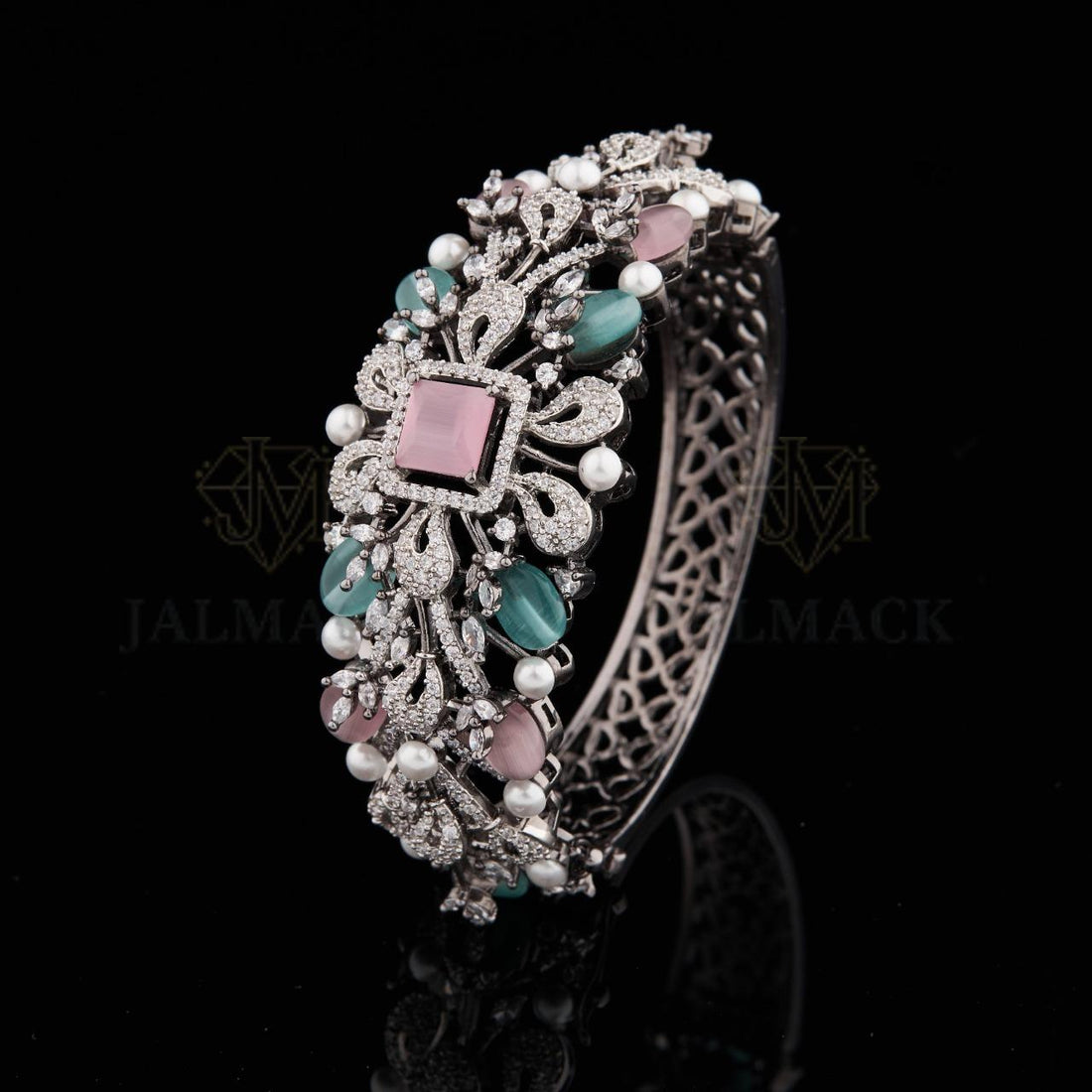 Silver Floral Moissanite Cuff Bracelet with Pink Aqua Stones and Pearls