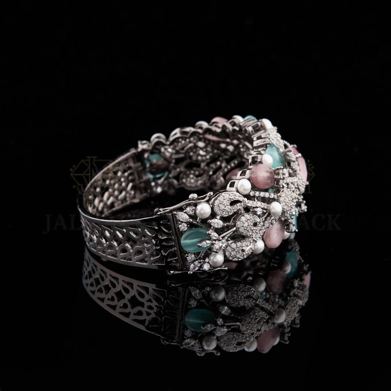 Silver Floral Moissanite Cuff Bracelet with Pink Aqua Stones and Pearls