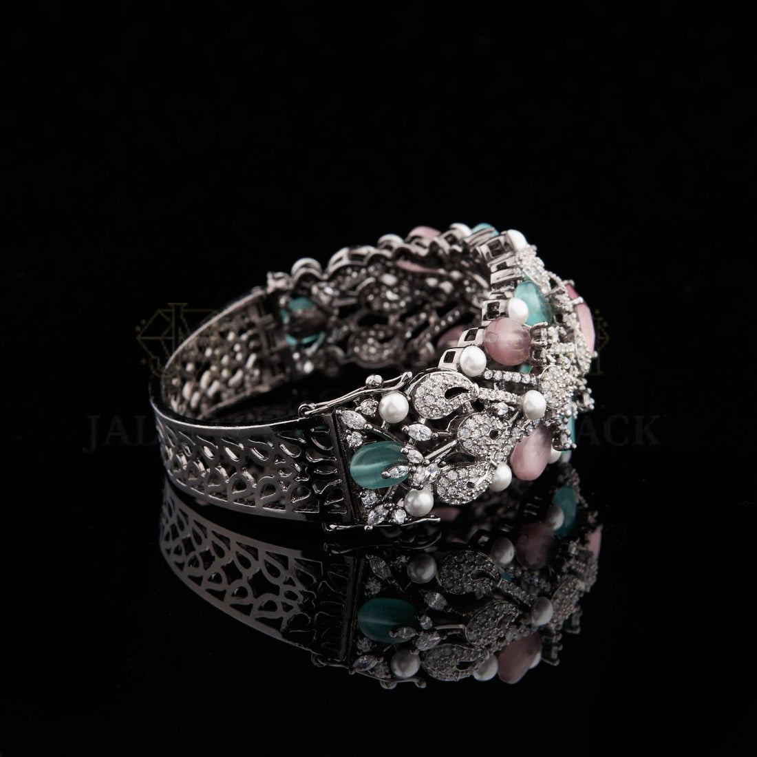 Silver Floral Moissanite Cuff Bracelet with Pink Aqua Stones and Pearls