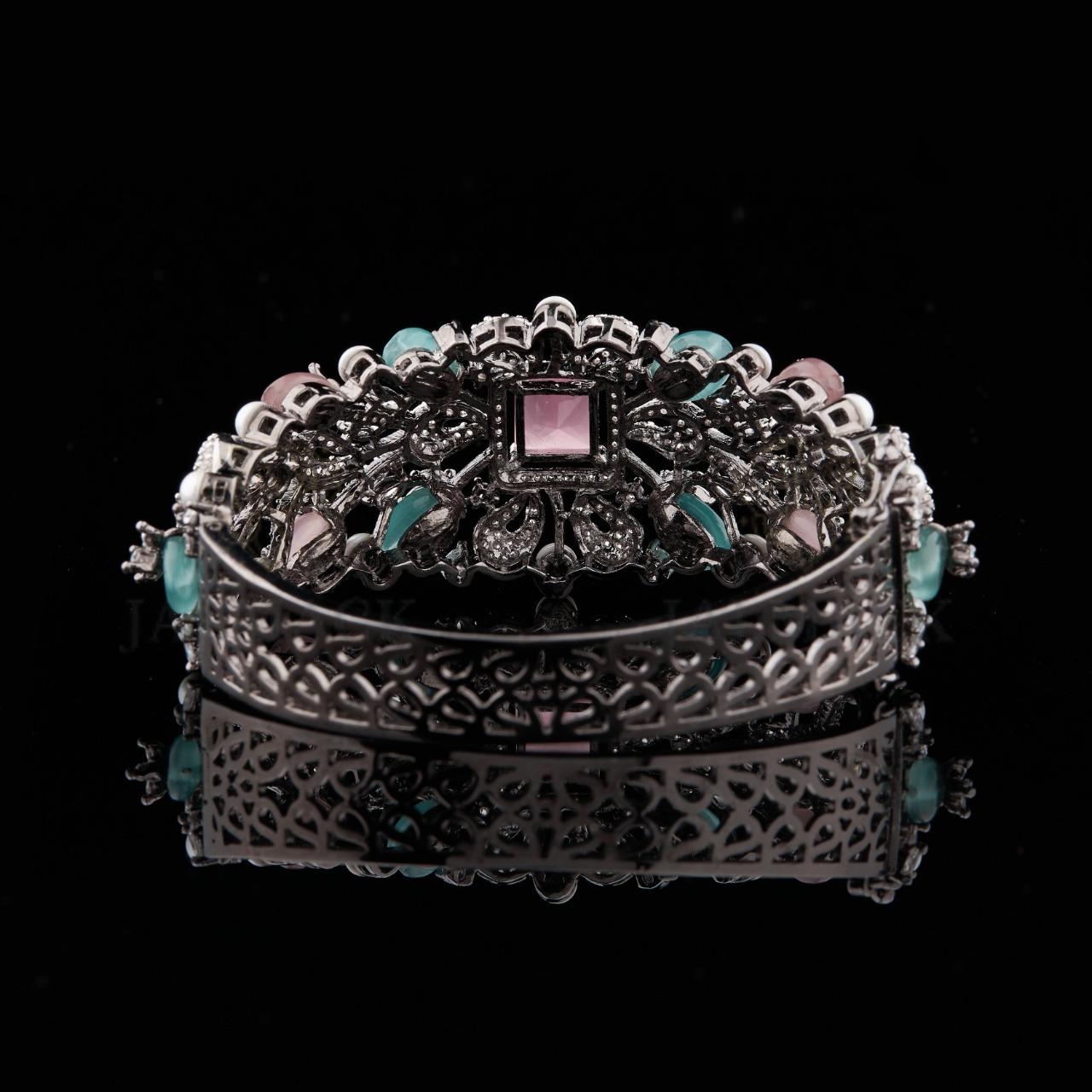 Silver Floral Moissanite Cuff Bracelet with Pink Aqua Stones and Pearls