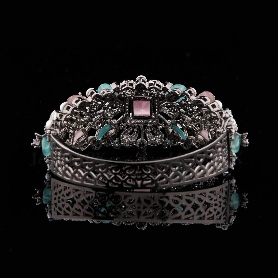 Silver Floral Moissanite Cuff Bracelet with Pink Aqua Stones and Pearls