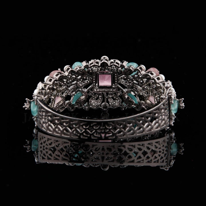 Silver Floral Moissanite Cuff Bracelet with Pink Aqua Stones and Pearls
