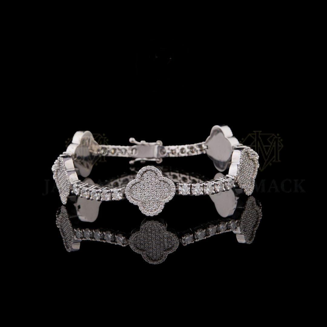 Silver Clover Moissanite Tennis Bracelet VVS1 D Color Fully Iced Out