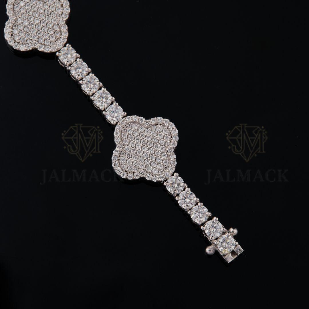 Silver Clover Moissanite Tennis Bracelet VVS1 D Color Fully Iced Out