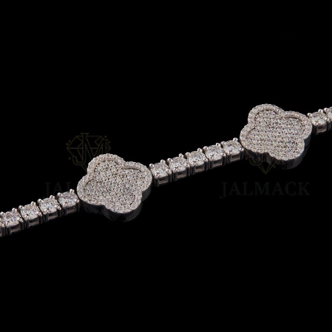 Silver Clover Moissanite Tennis Bracelet VVS1 D Color Fully Iced Out