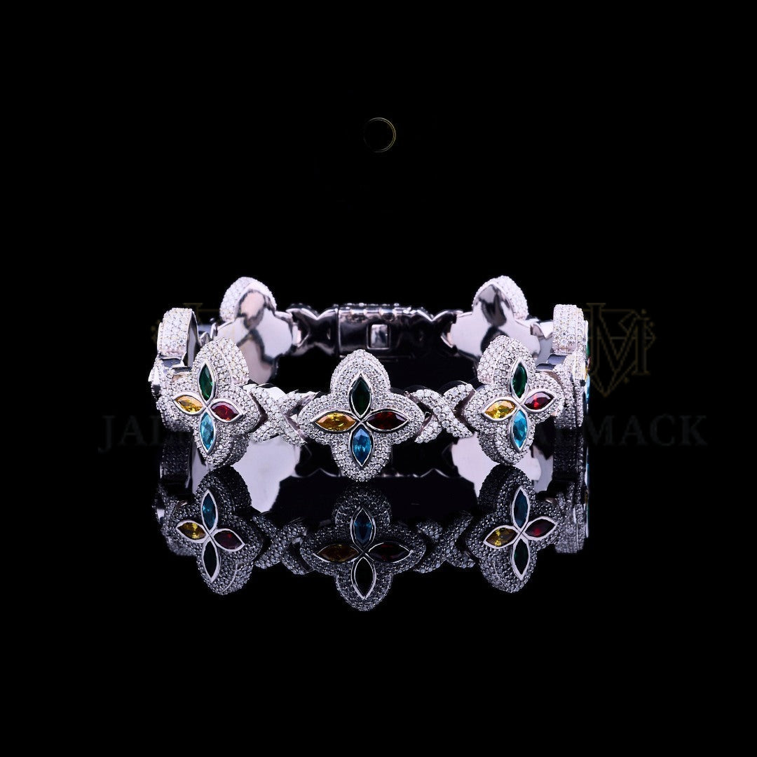 Silver Multicolor Floral Moissanite Bracelet VVS1 Fully Iced Out