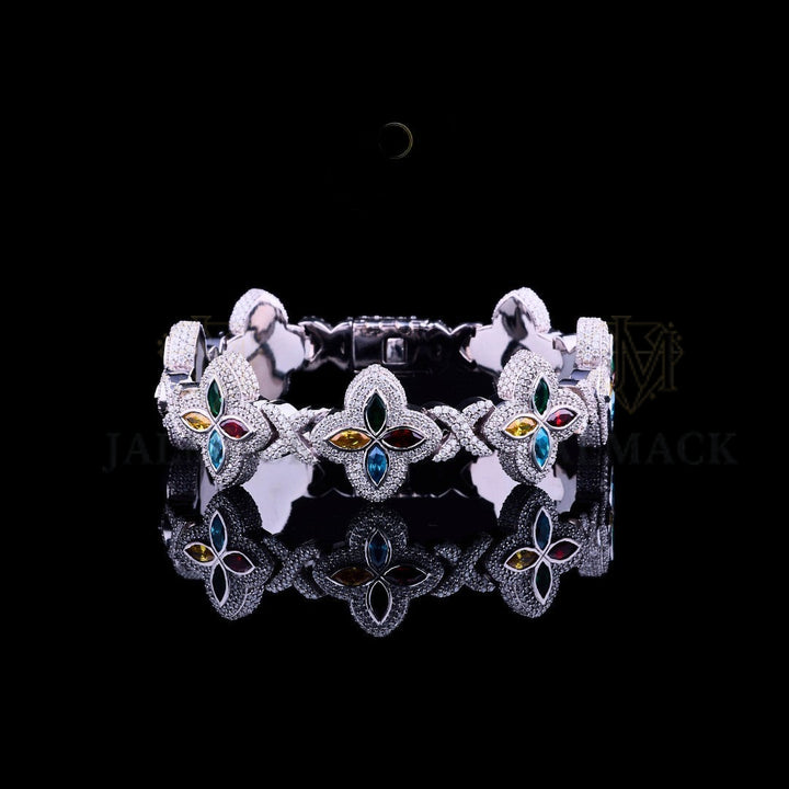 Silver Multicolor Floral Moissanite Bracelet VVS1 Fully Iced Out