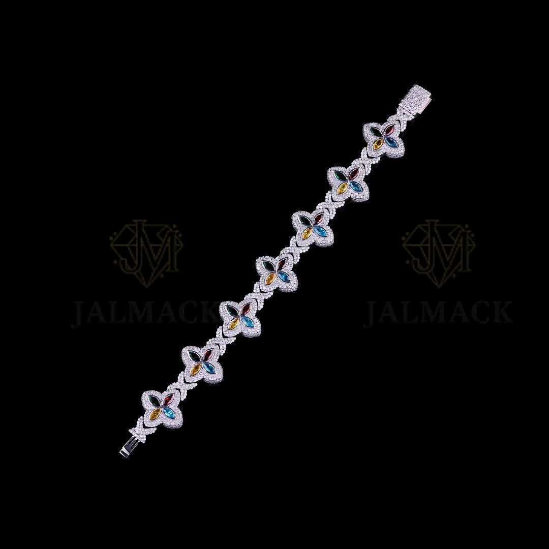Silver Multicolor Floral Moissanite Bracelet VVS1 Fully Iced Out