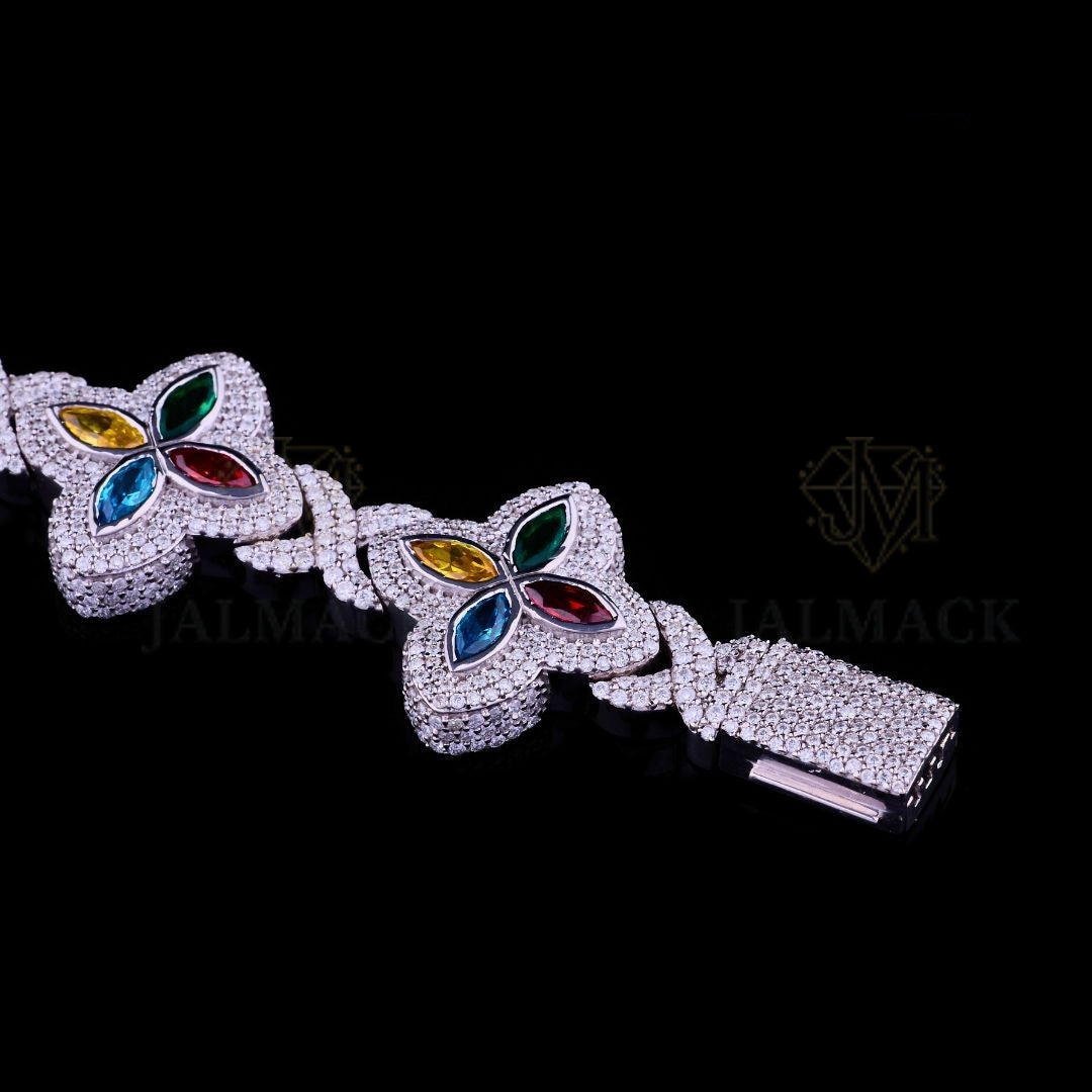 Silver Multicolor Floral Moissanite Bracelet VVS1 Fully Iced Out