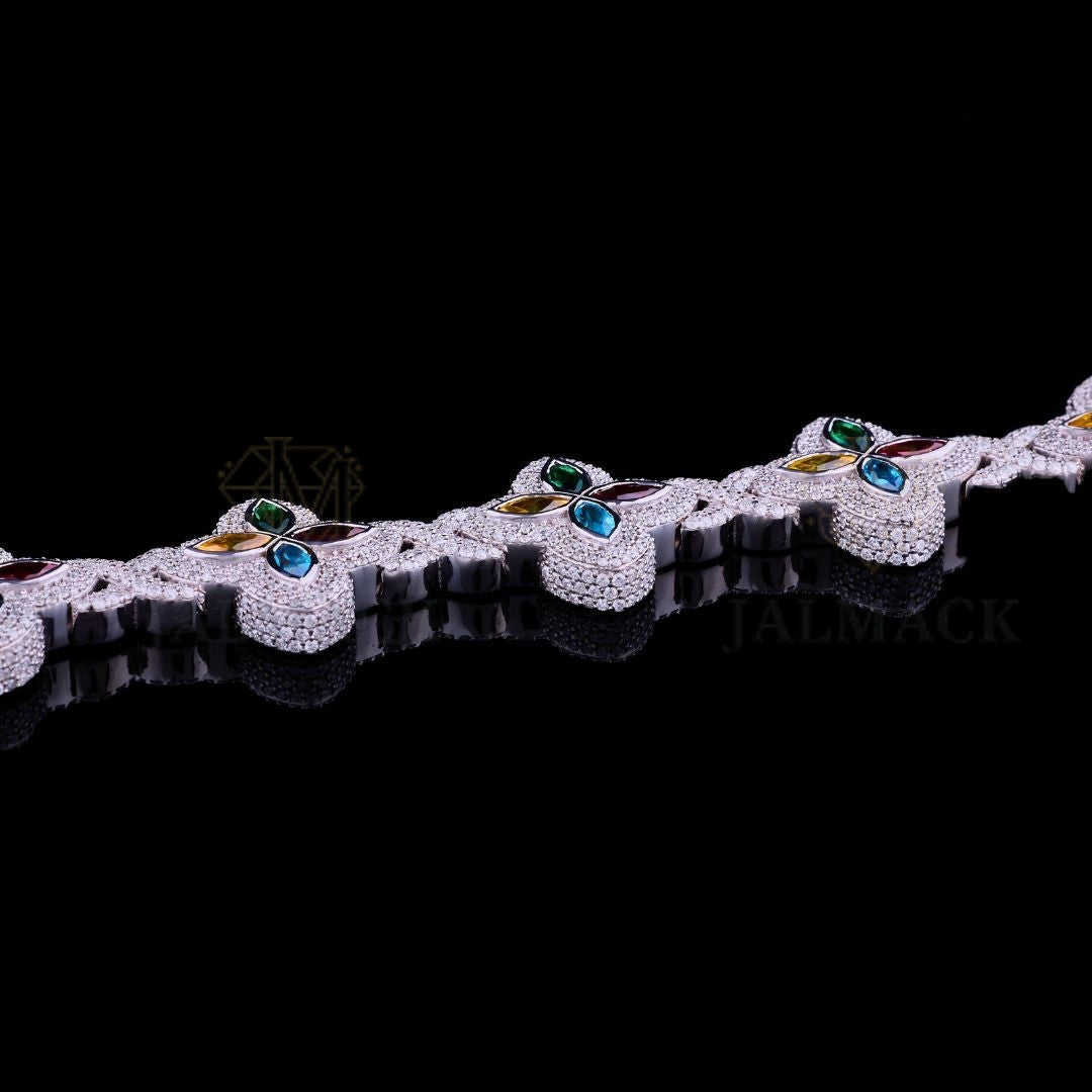 Silver Multicolor Floral Moissanite Bracelet VVS1 Fully Iced Out