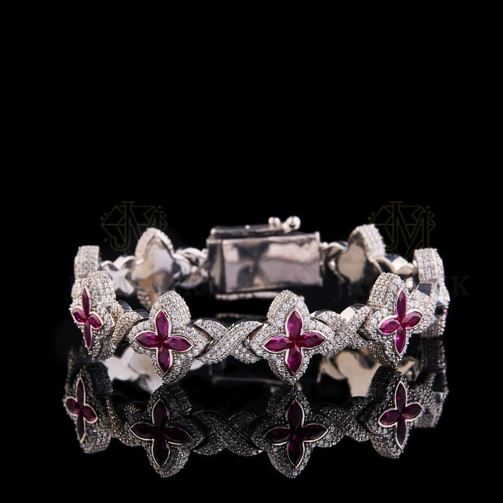 Silver Ruby Floral Moissanite Bracelet VVS1 D Color Fully Iced Out