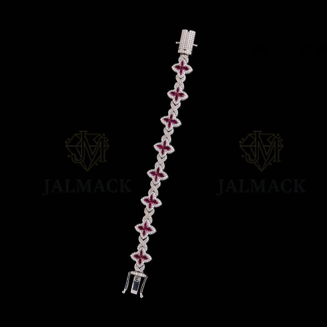 Silver Ruby Floral Moissanite Bracelet VVS1 D Color Fully Iced Out