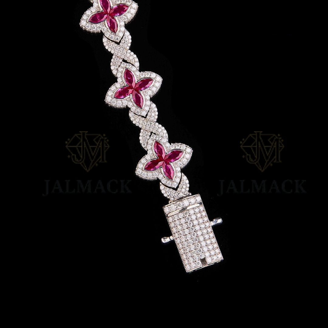 Silver Ruby Floral Moissanite Bracelet VVS1 D Color Fully Iced Out