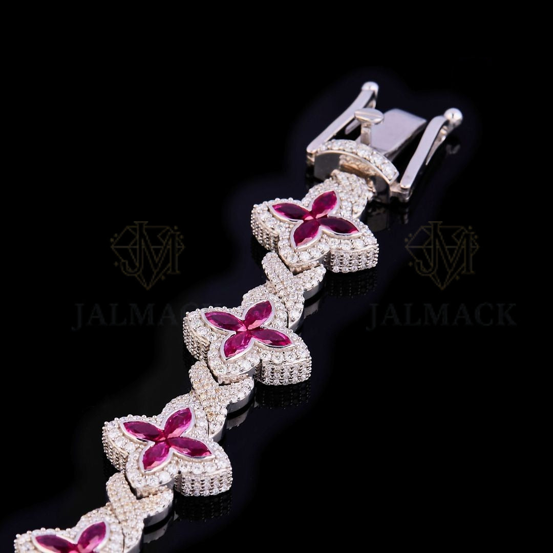 Silver Ruby Floral Moissanite Bracelet VVS1 D Color Fully Iced Out