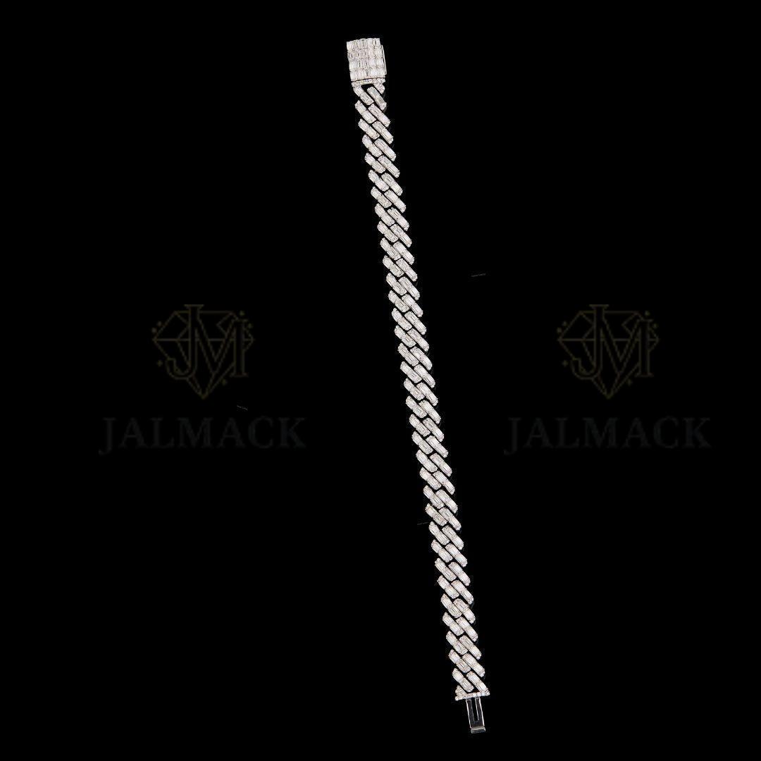 Silver Baguette Moissanite Cuban Bracelet VVS1 D Color Fully Iced Out