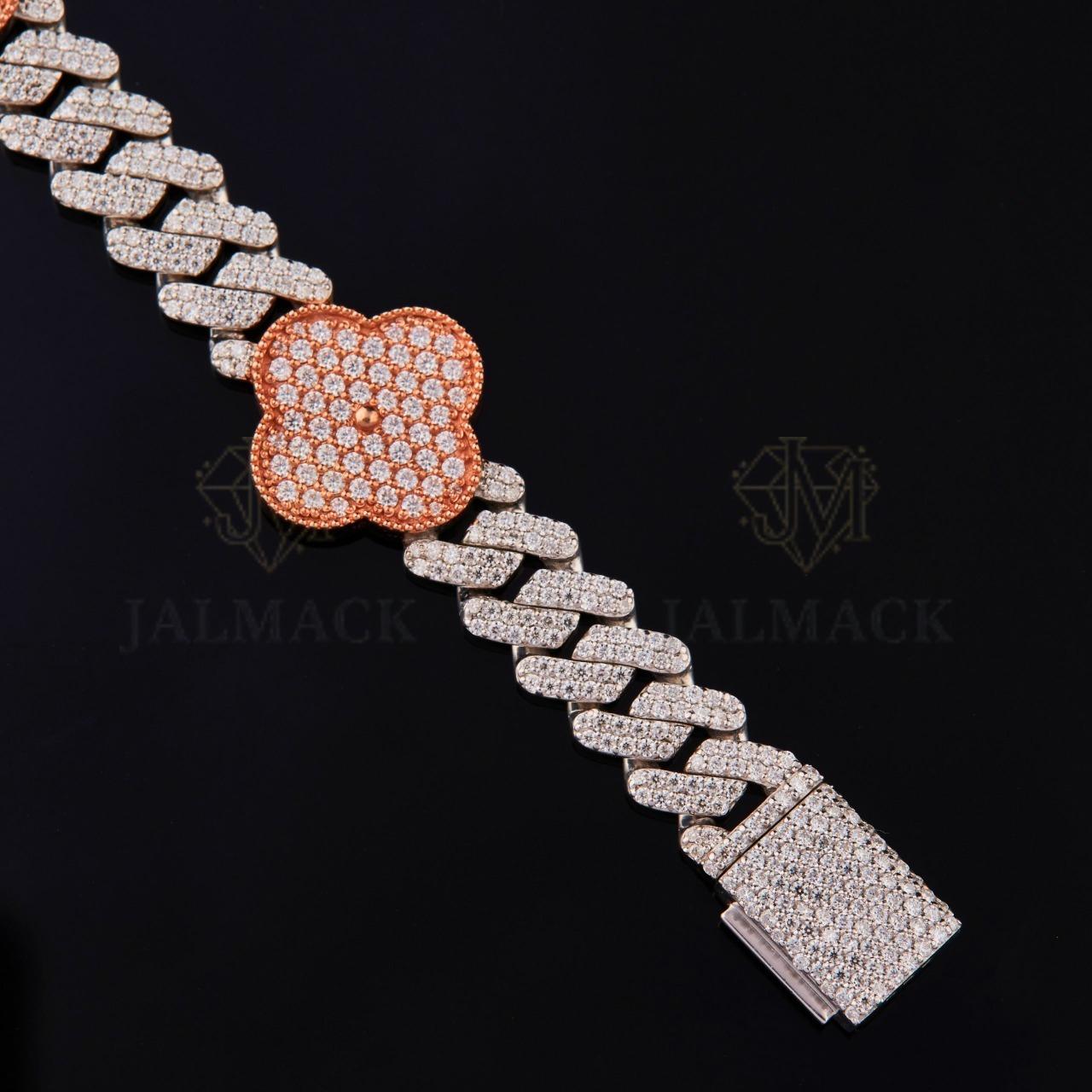 Two-Tone Clover Moissanite Cuban Bracelet VVS1 Fully Iced Out
