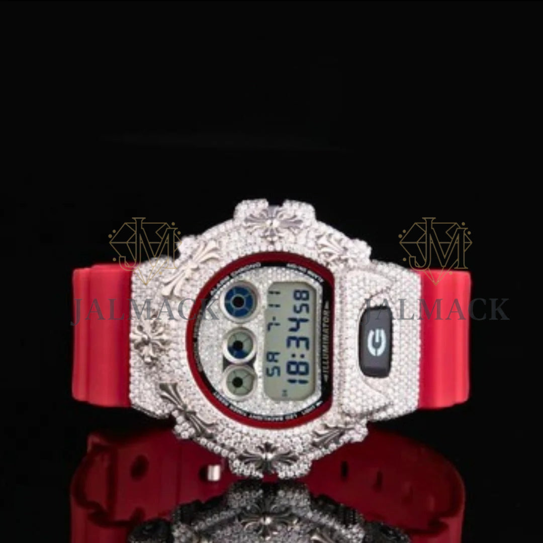 Silver LCD Digital Number Round-Cut Moissanite Red Strap Watch