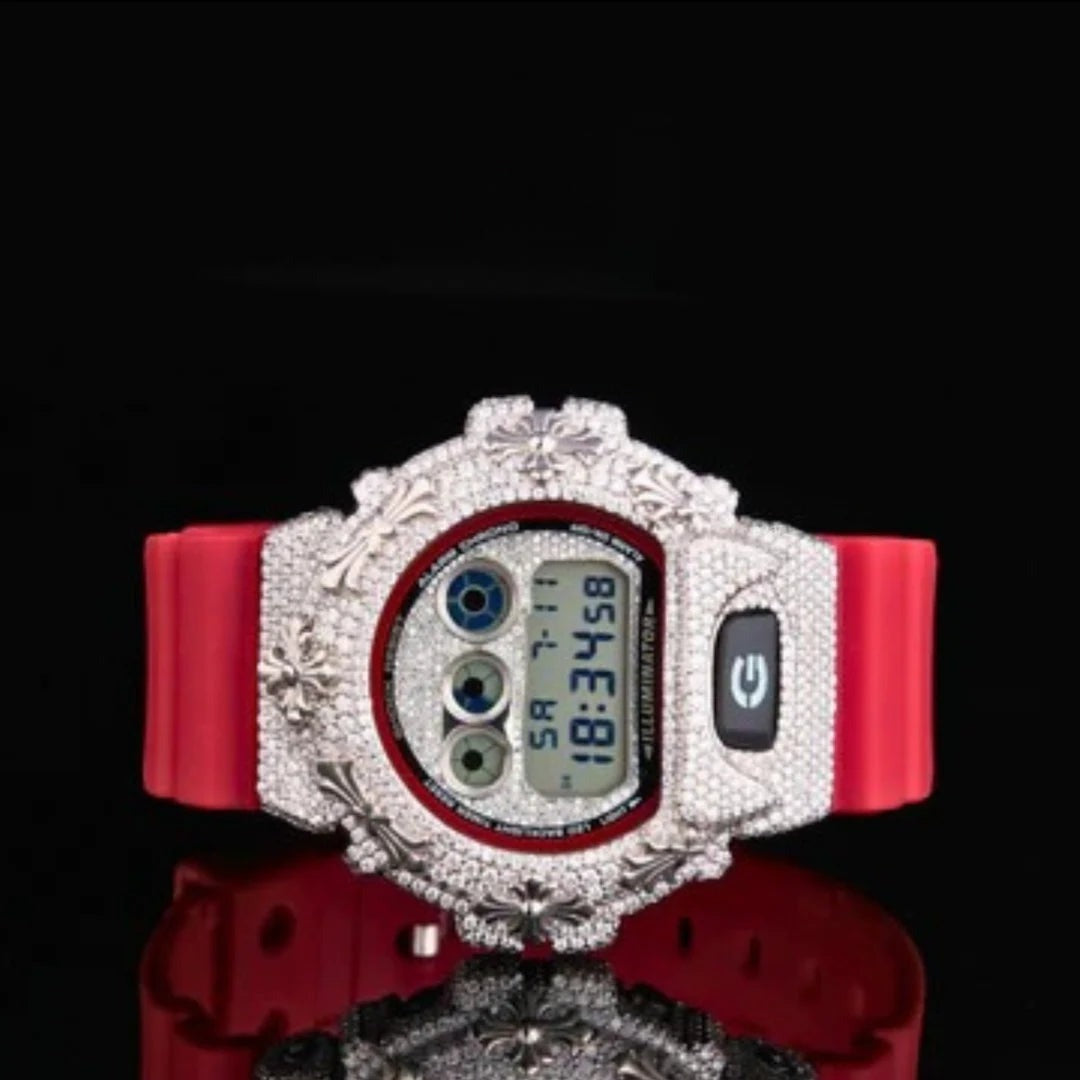 Silver LCD Digital Number Round-Cut Moissanite Red Strap Watch
