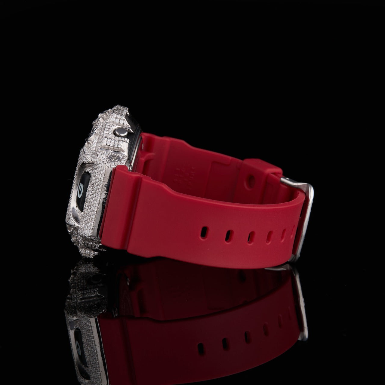 Silver LCD Digital Number Round-Cut Moissanite Red Strap Watch