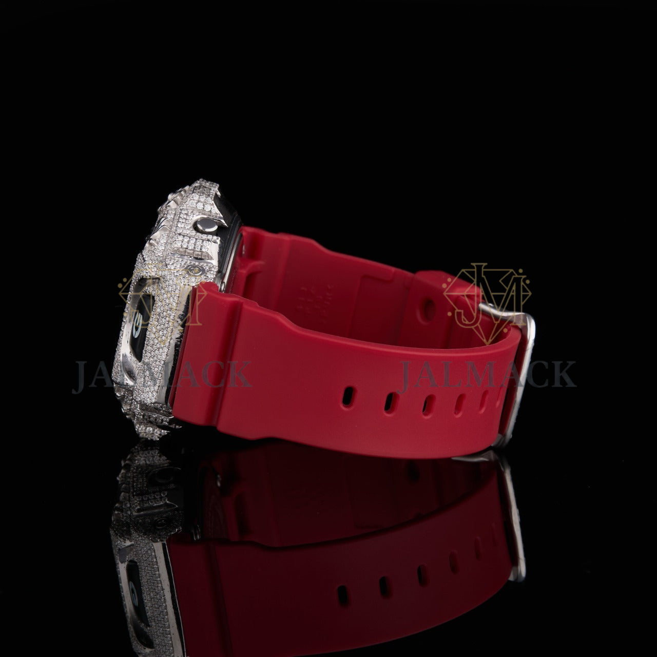 Silver LCD Digital Number Round-Cut Moissanite Red Strap Watch