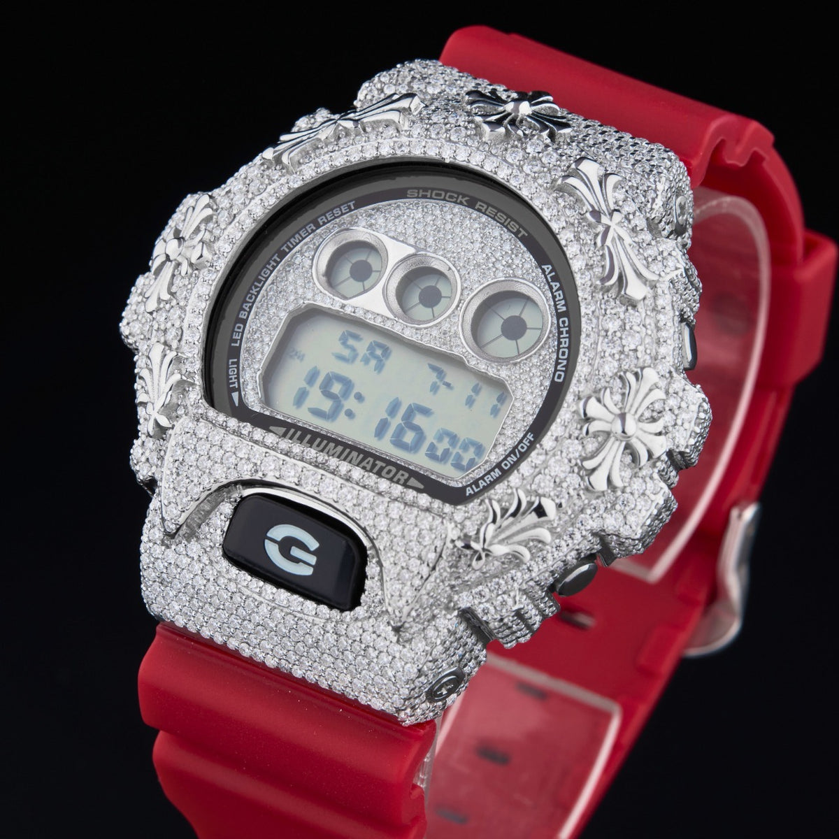 Silver LCD Digital Number Round-Cut Moissanite Red Strap Watch