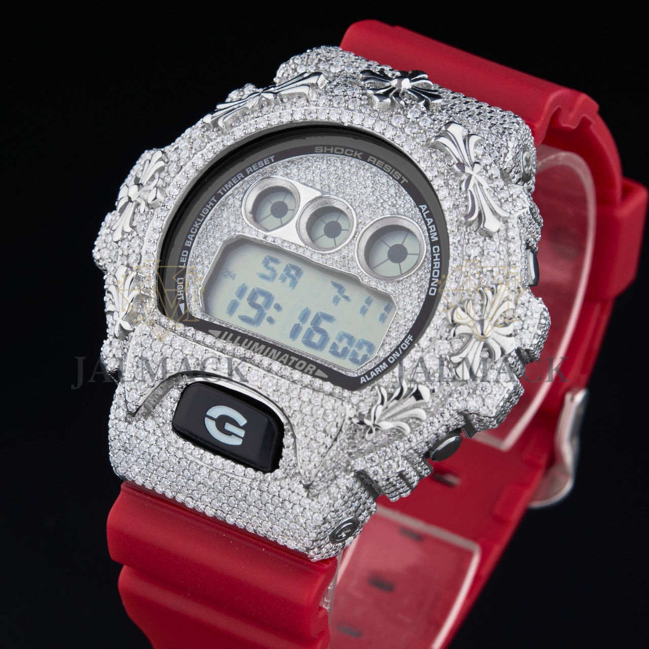 Silver LCD Digital Number Round-Cut Moissanite Red Strap Watch
