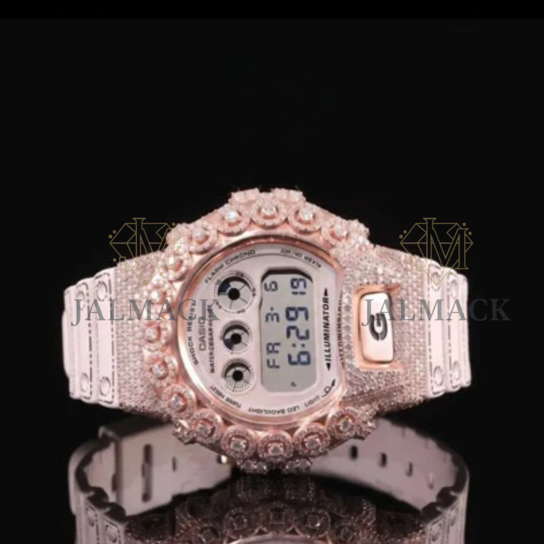 Rose Gold LCD Digital Letter Round-Cut Moissanite Watch