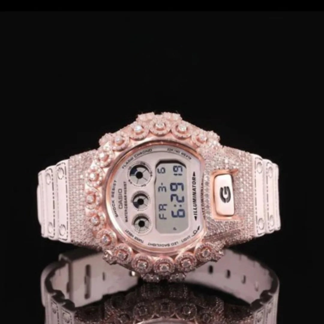 Rose Gold LCD Digital Letter Round-Cut Moissanite Watch
