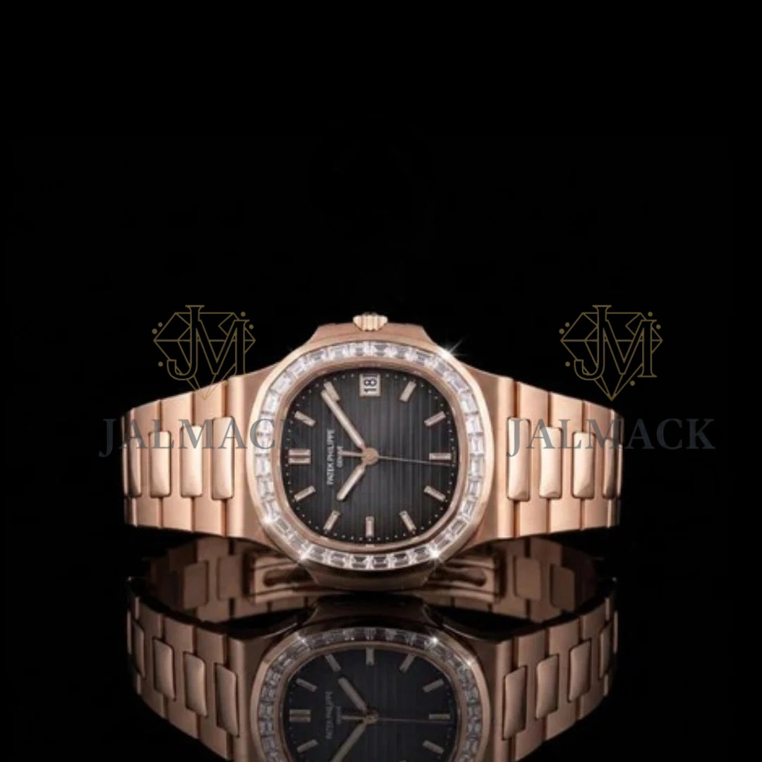 Rose Gold Black Dial Baguette-Cut Moissanite Automatic Watch