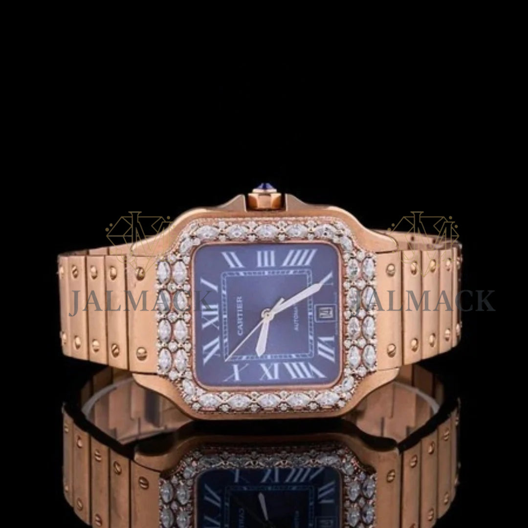 Rose Gold Blue Dial Roman Numeral Oval-Cut Moissanite Watch