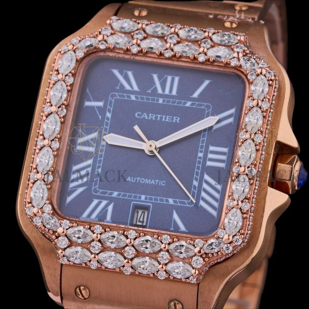 Rose Gold Blue Dial Roman Numeral Oval-Cut Moissanite Watch