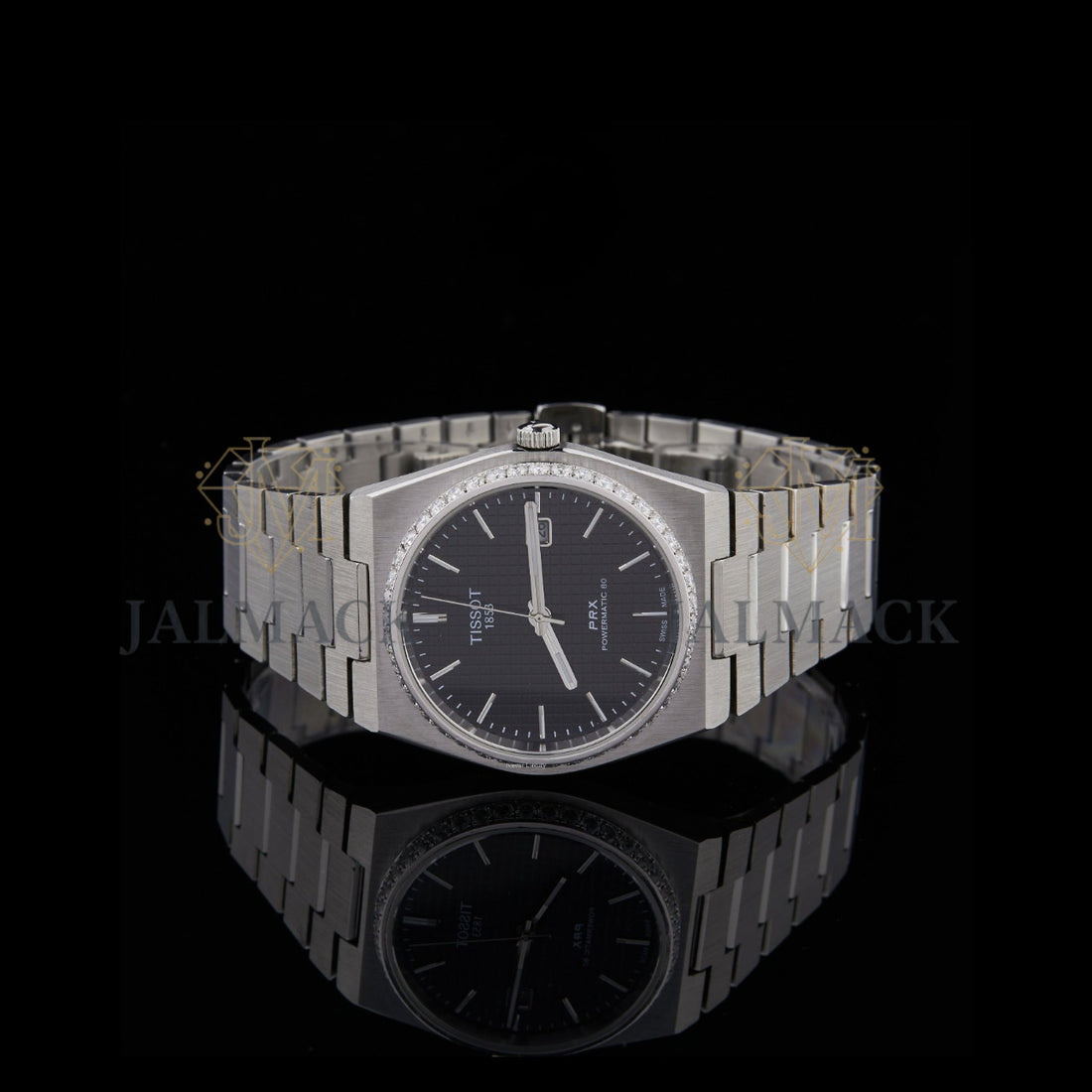 Black Waffle Dial Baton Marker Round-Cut Moissanite Automatic Watch
