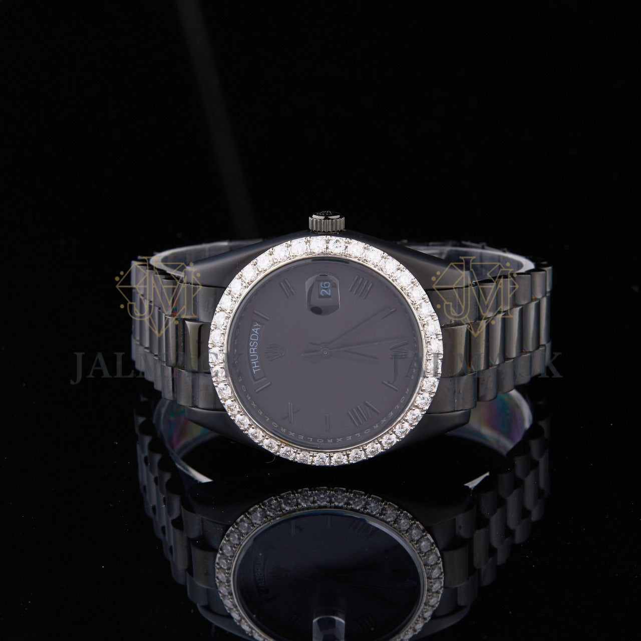 Black Dial Roman Numeral Round-Cut Moissanite Day-Date Watch